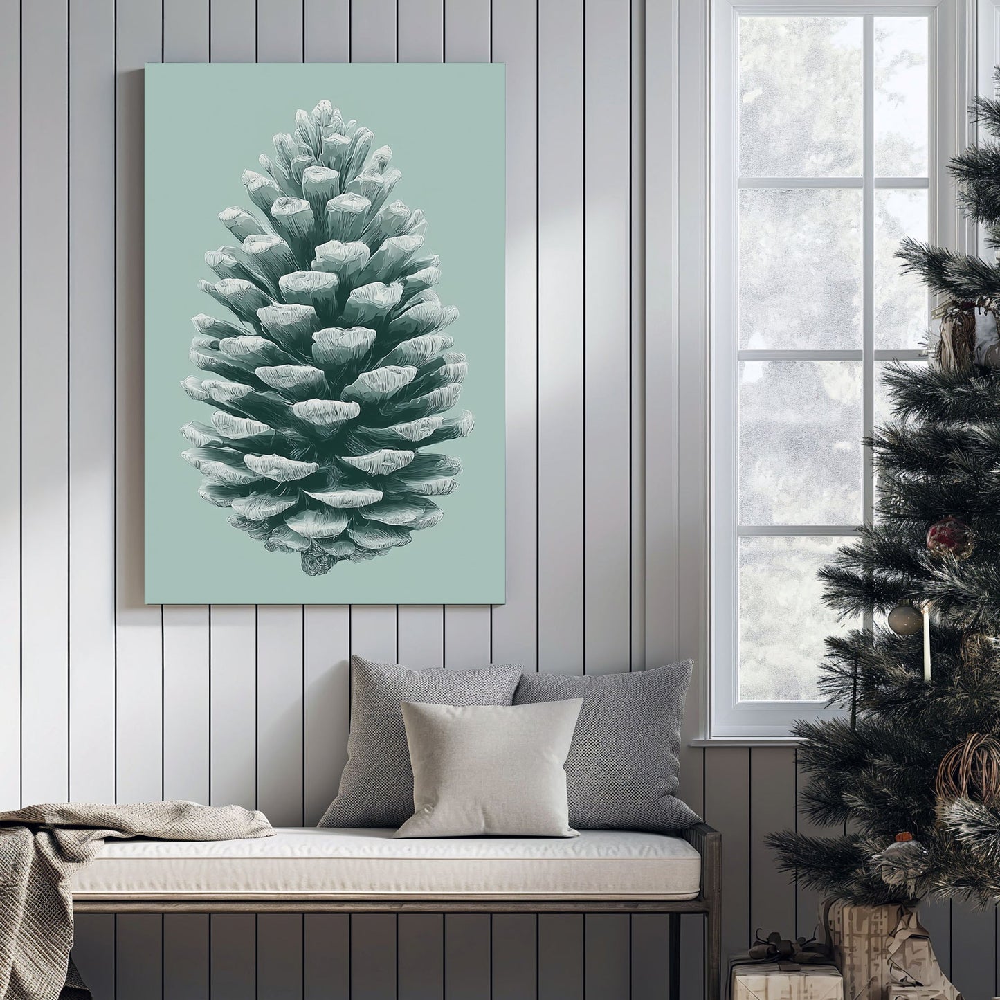 minimalist frosted pinecone winter wall art print