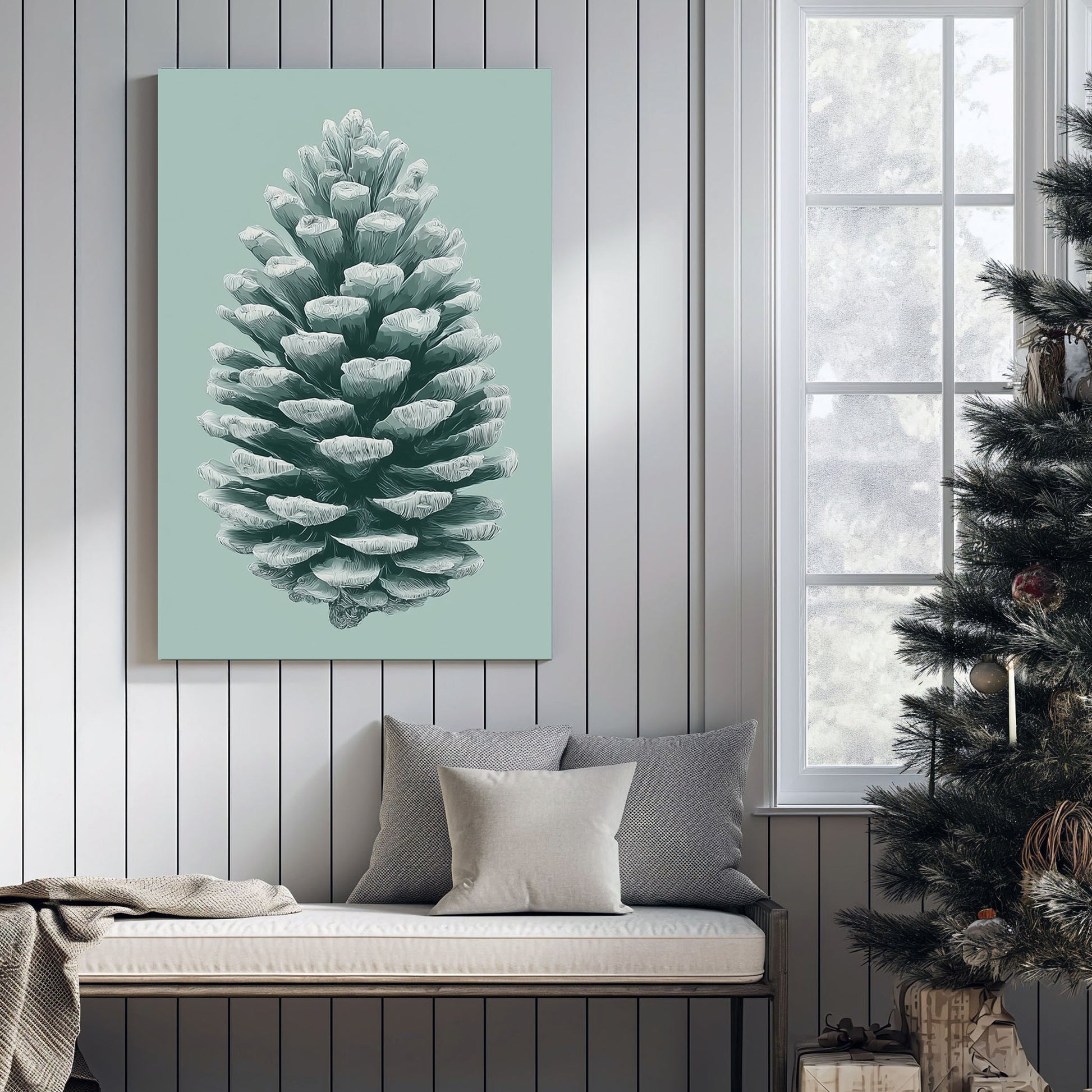 minimalist frosted pinecone winter wall art print