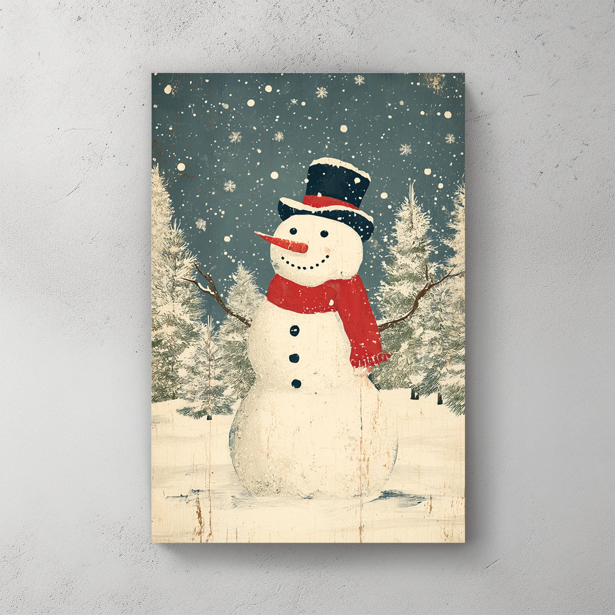vintage snowman Christmas wall art with rustic winter scene