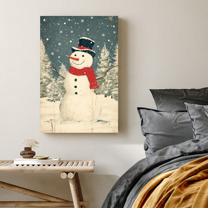 vintage snowman Christmas wall art with rustic winter scene