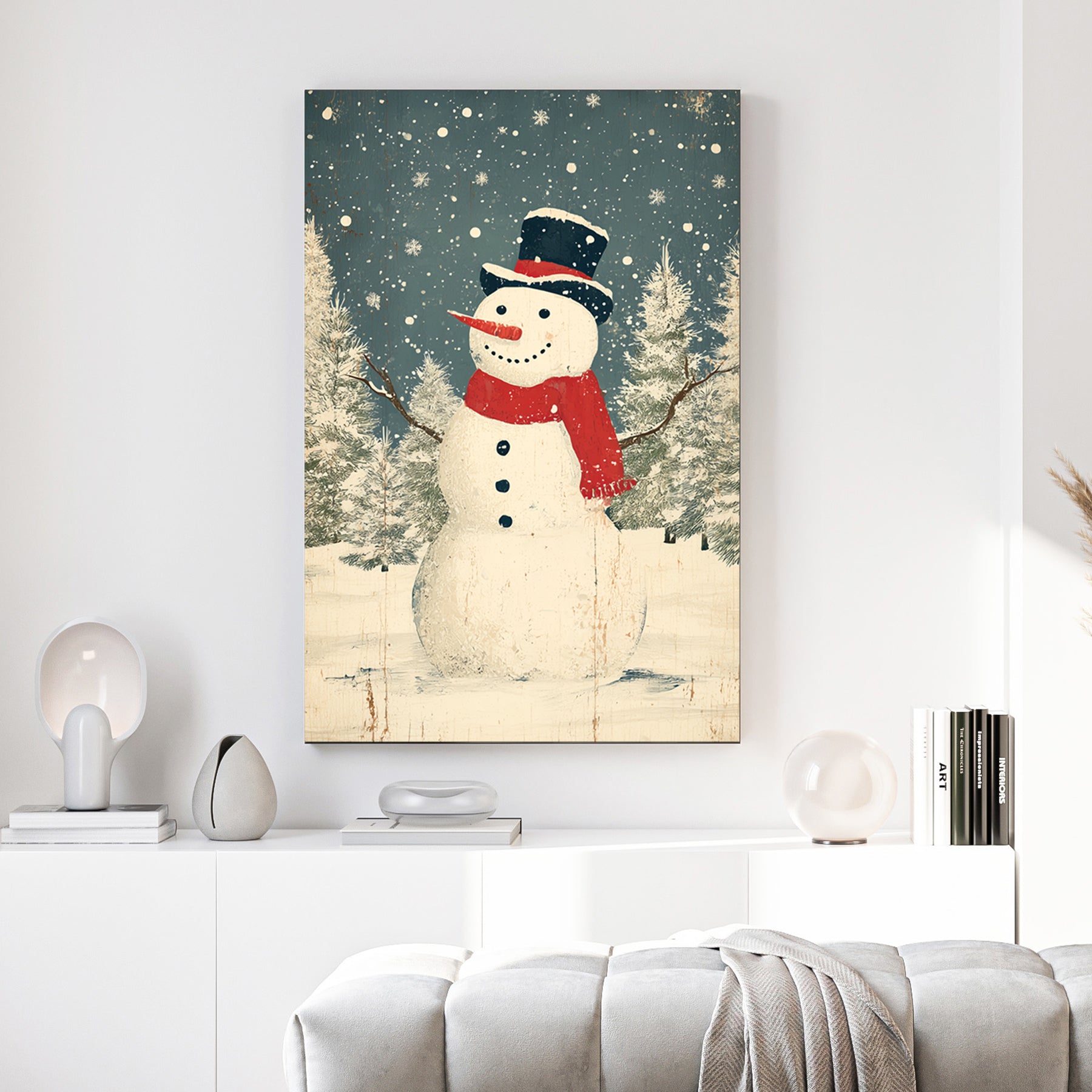 vintage snowman Christmas wall art with rustic winter scene