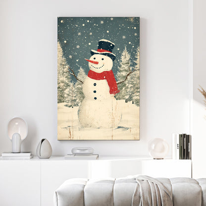 vintage snowman Christmas wall art with rustic winter scene