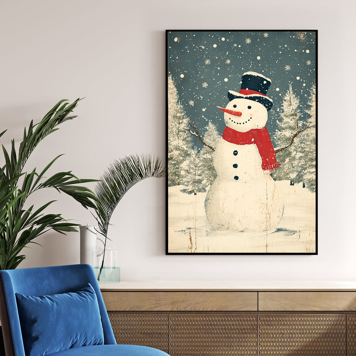 vintage snowman Christmas wall art with rustic winter scene