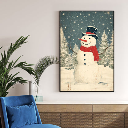 vintage snowman Christmas wall art with rustic winter scene