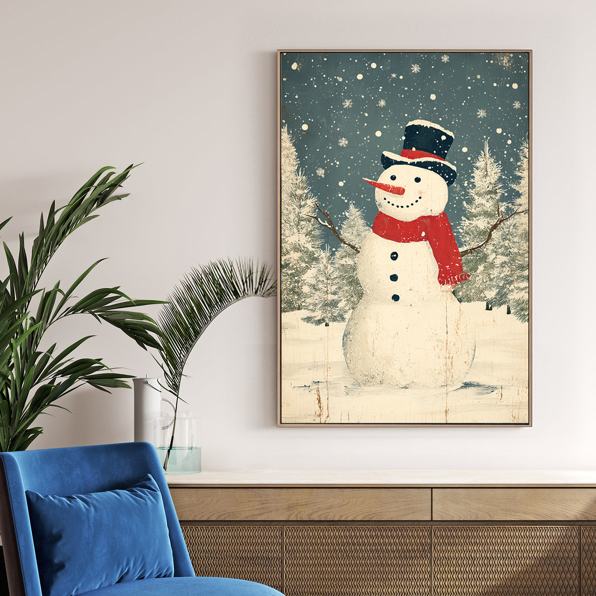 vintage snowman Christmas wall art with rustic winter scene
