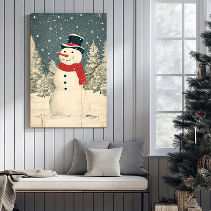 vintage snowman Christmas wall art with rustic winter scene