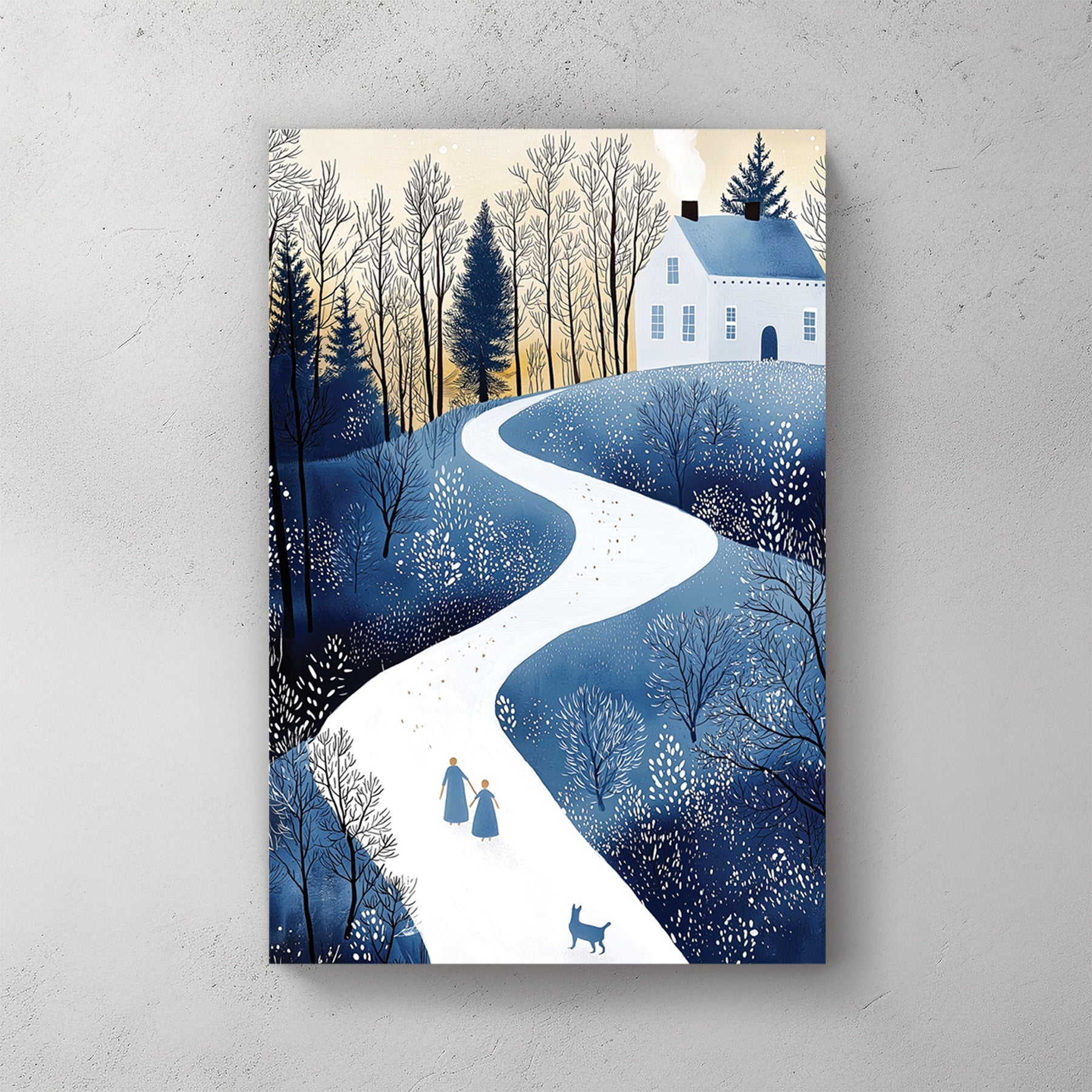 cozy winter stroll cottage scene wall art with snowy path