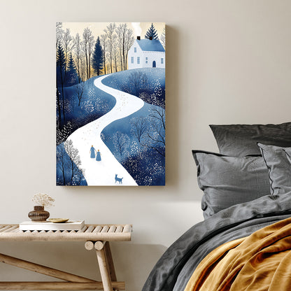 cozy winter stroll cottage scene wall art with snowy path