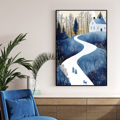 cozy winter stroll cottage scene wall art with snowy path