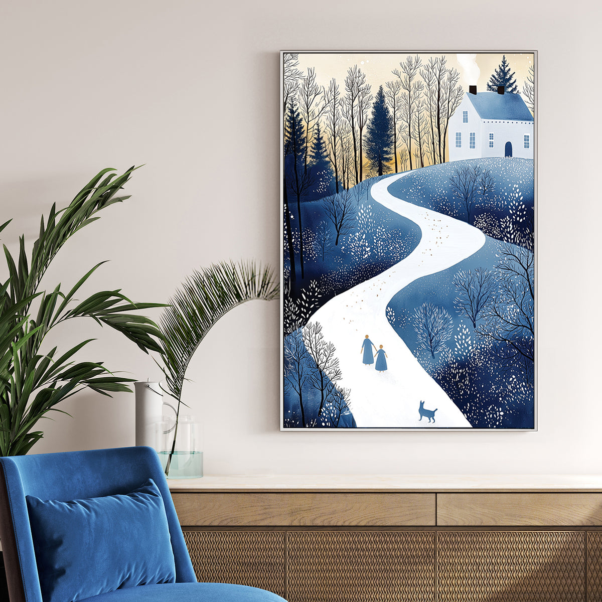 cozy winter stroll cottage scene wall art with snowy path