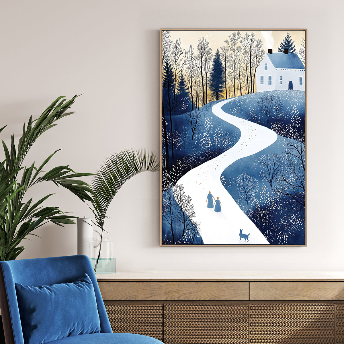 cozy winter stroll cottage scene wall art with snowy path