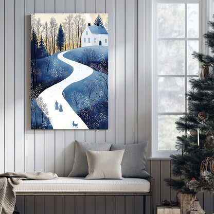 cozy winter stroll cottage scene wall art with snowy path