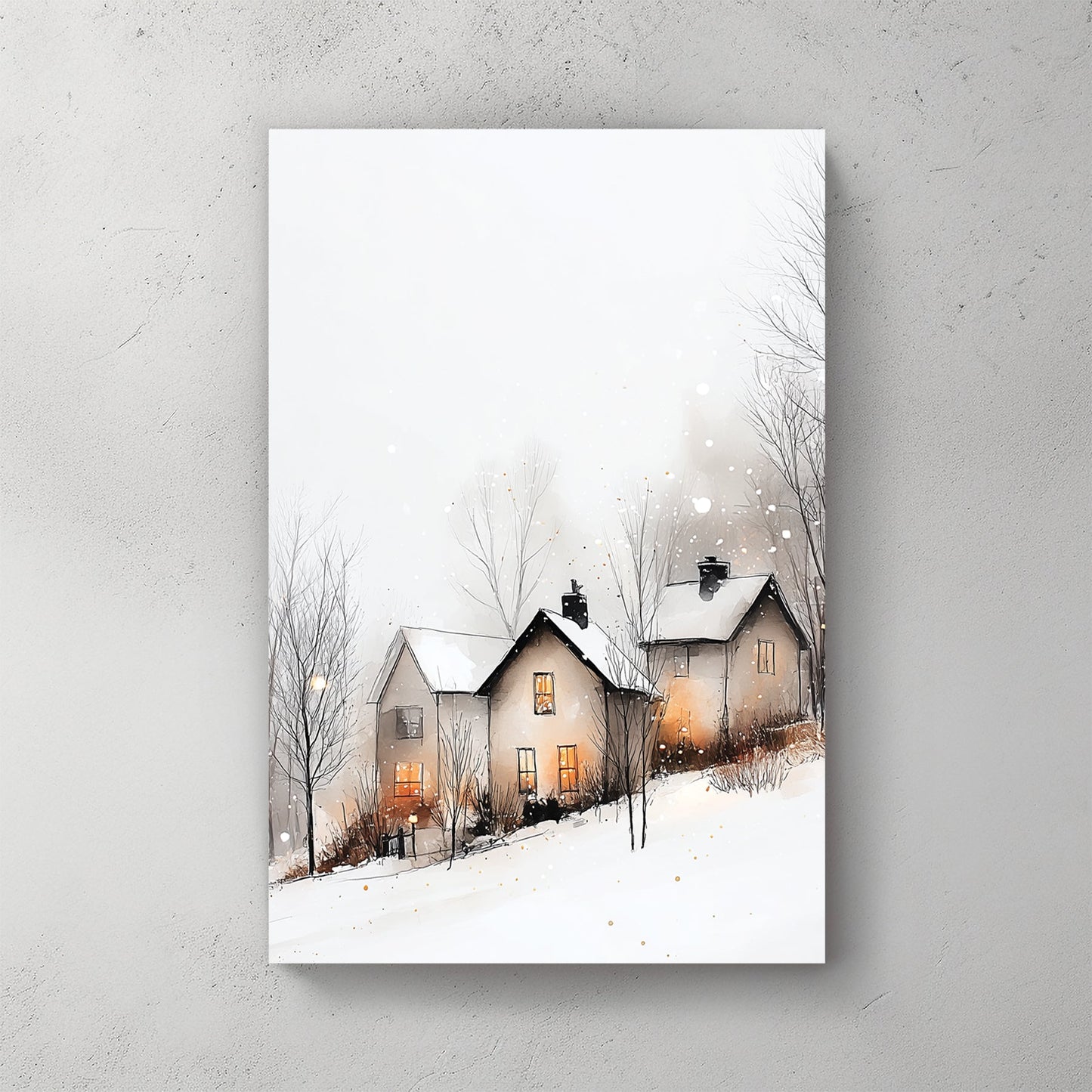 winter village glowing windows wall art snowy scene
