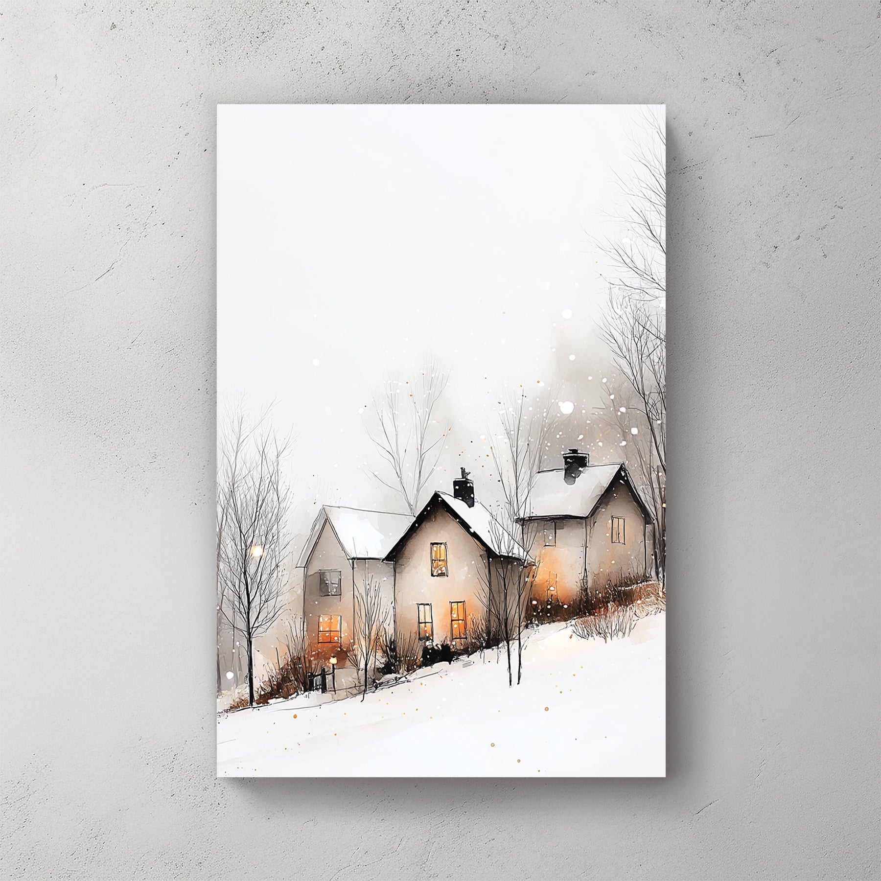 winter village glowing windows wall art snowy scene
