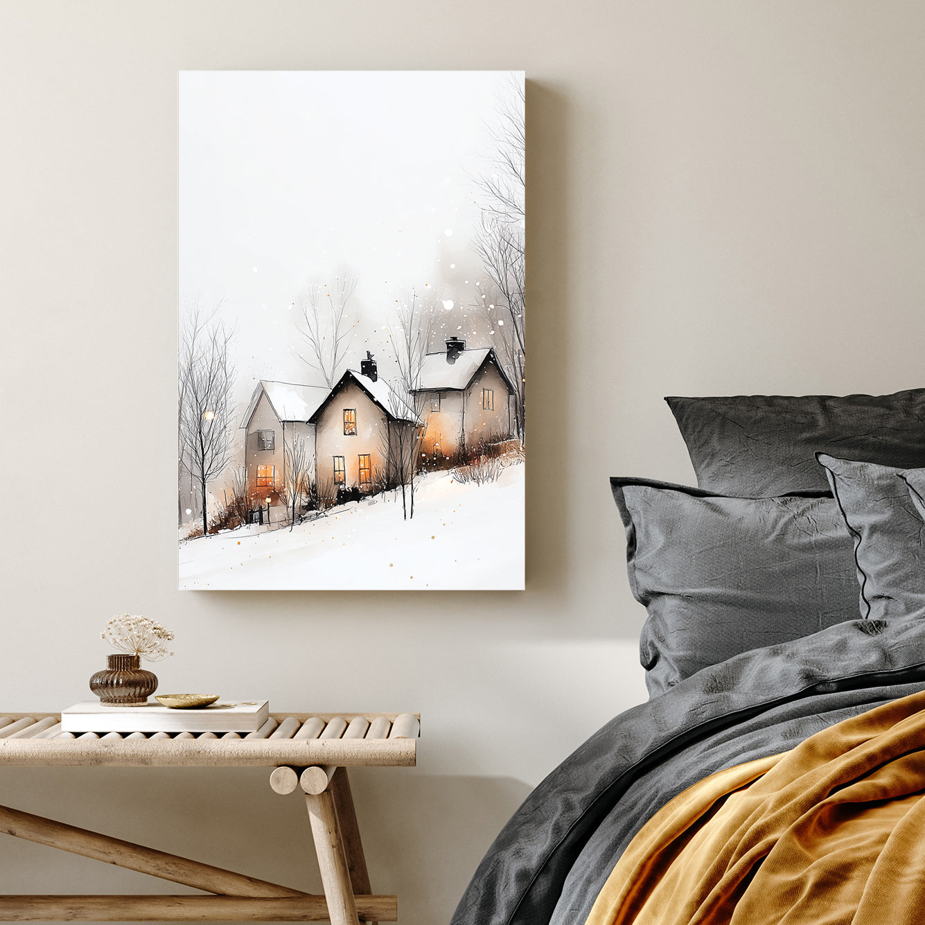 winter village glowing windows wall art snowy scene