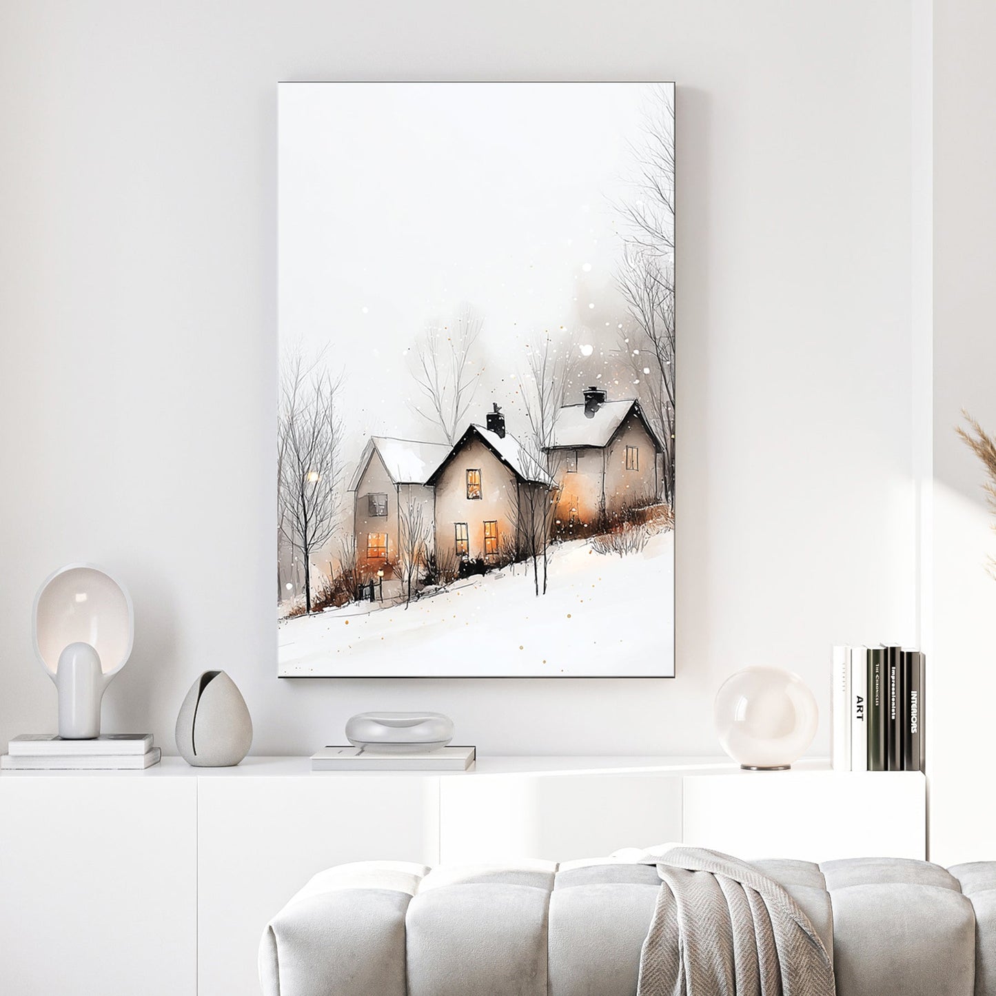 winter village glowing windows wall art snowy scene