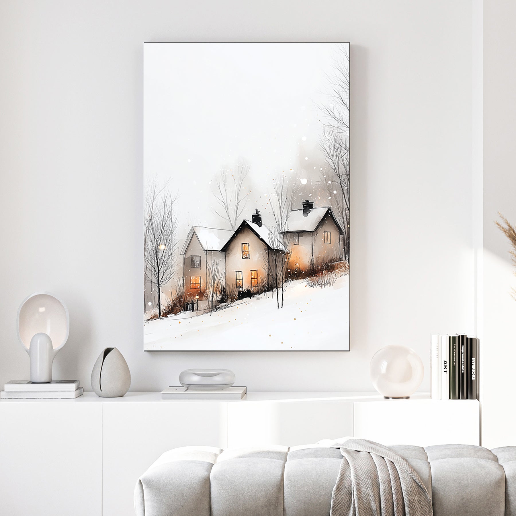 winter village glowing windows wall art snowy scene
