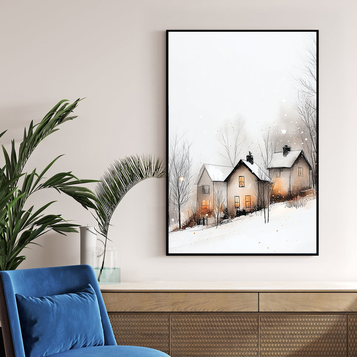 winter village glowing windows wall art snowy scene