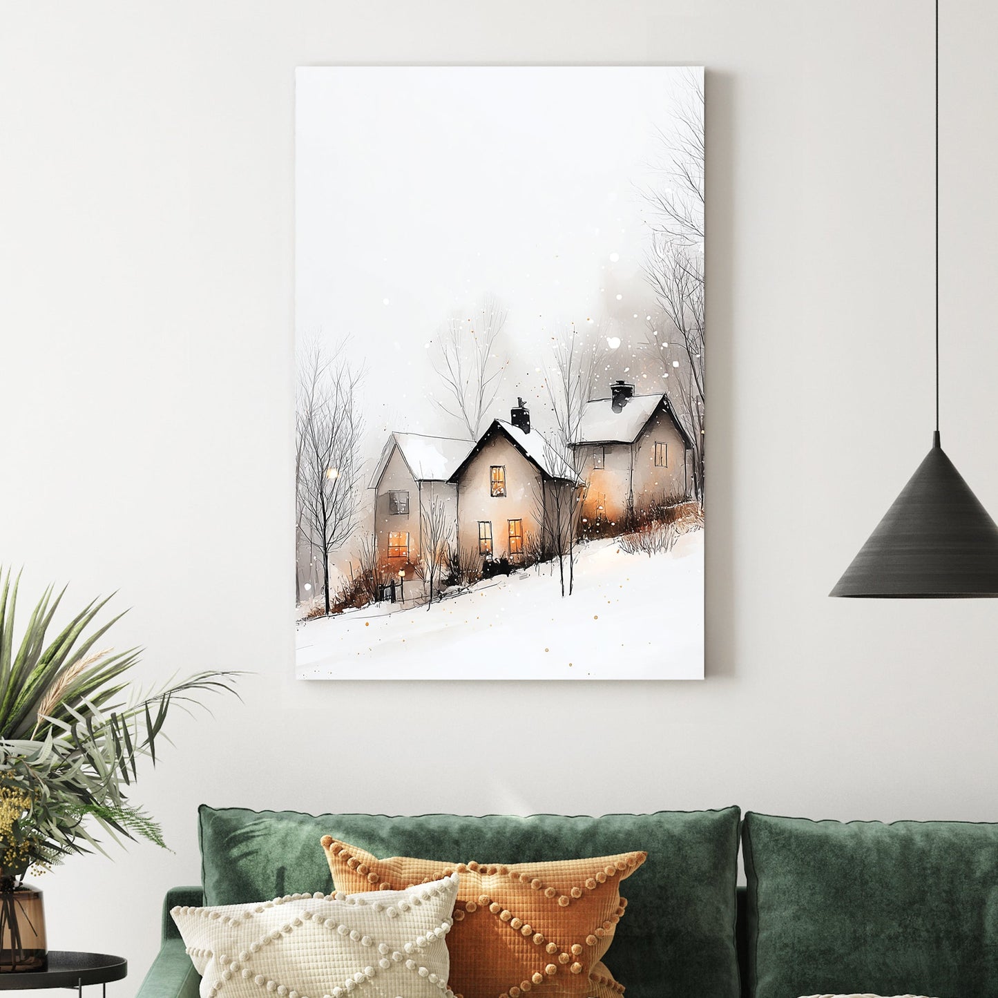 winter village glowing windows wall art snowy scene