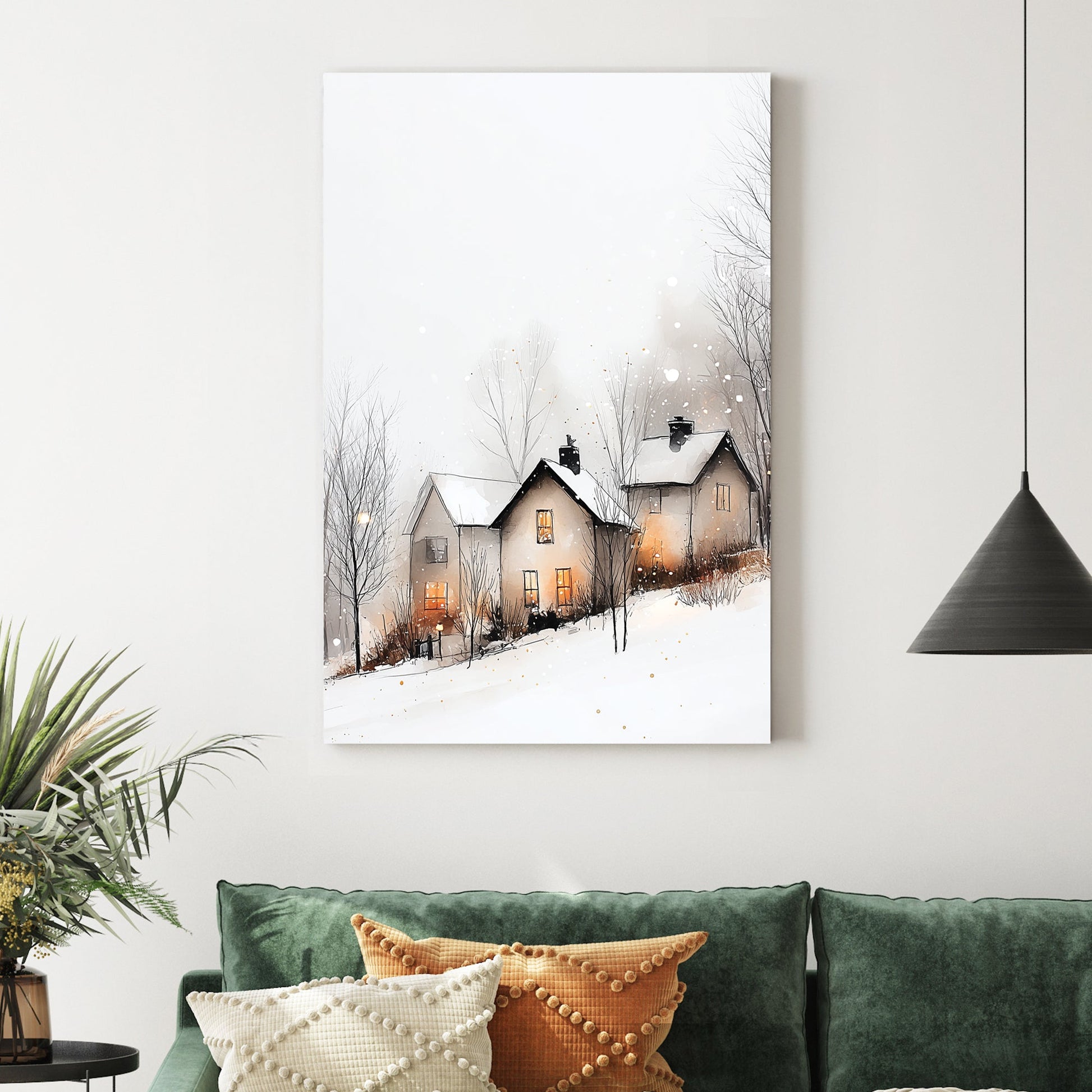 winter village glowing windows wall art snowy scene