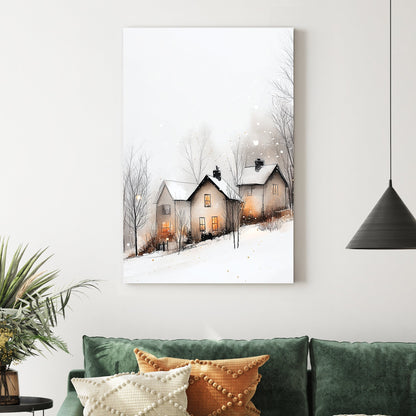 winter village glowing windows wall art snowy scene