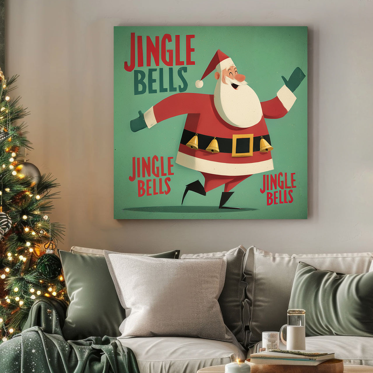 retro santa dancing jingle bells Christmas wall art