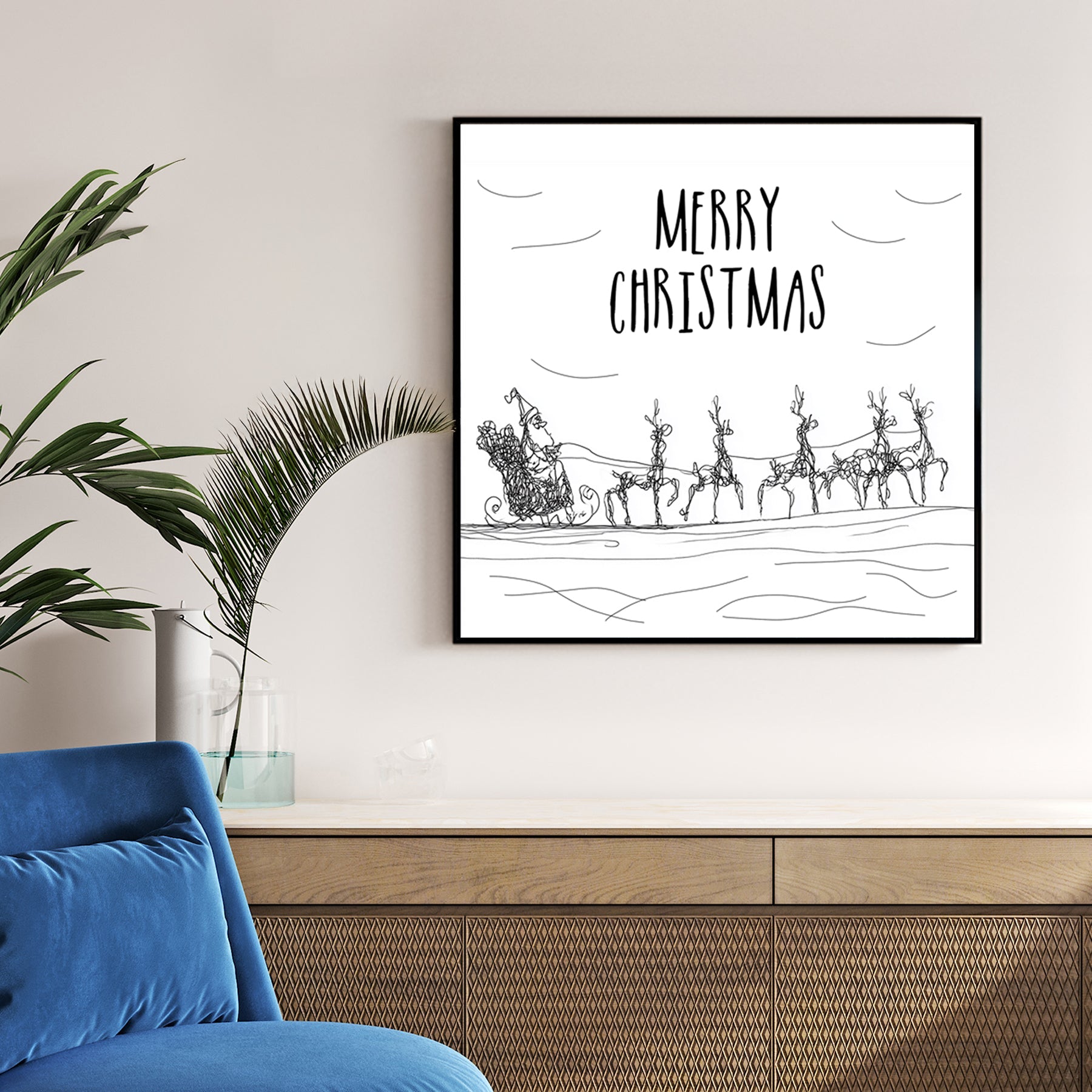 minimalist santa sleigh christmas wall art illustration