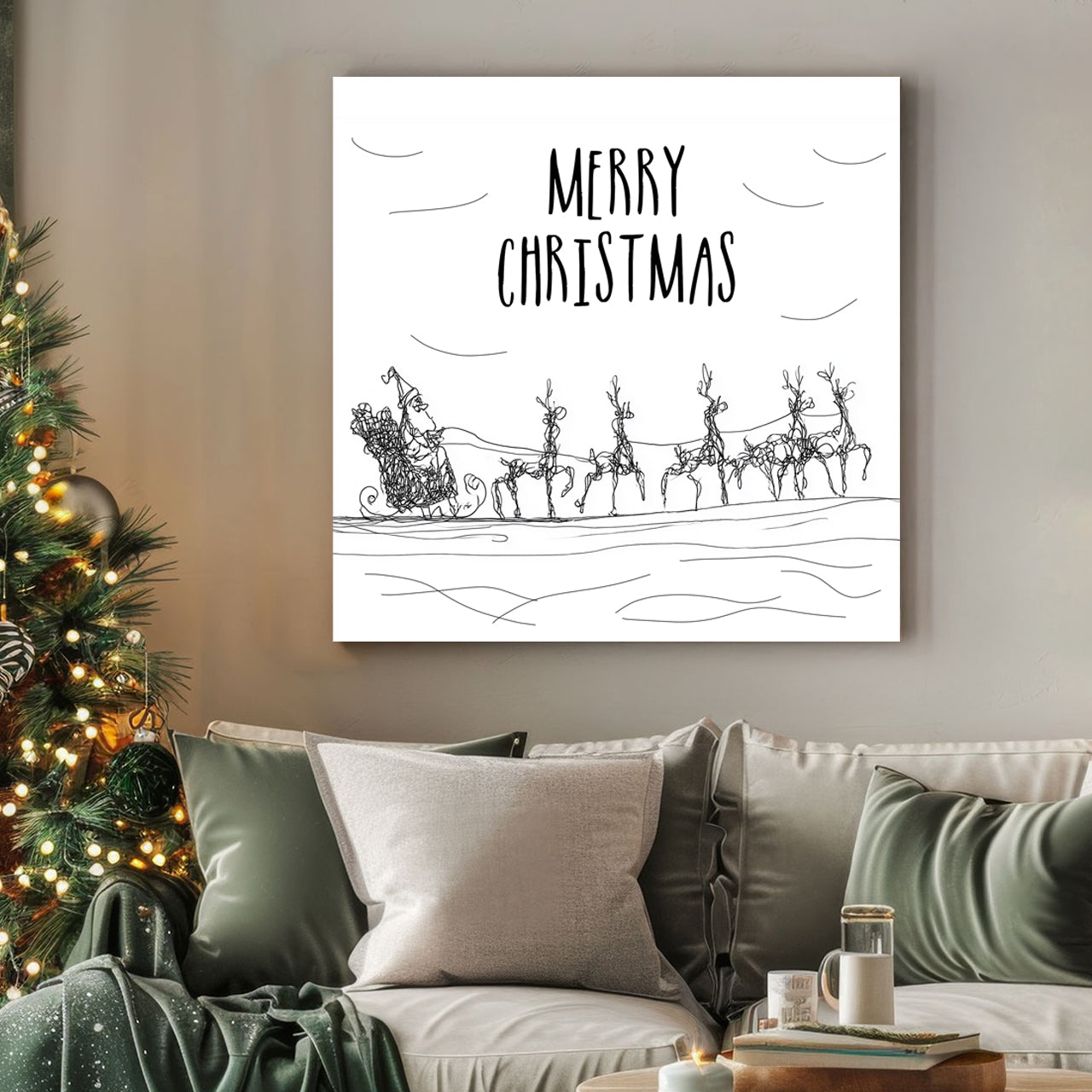 minimalist santa sleigh christmas wall art illustration
