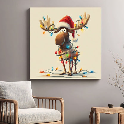 festive moose Christmas wall art with lights illustration