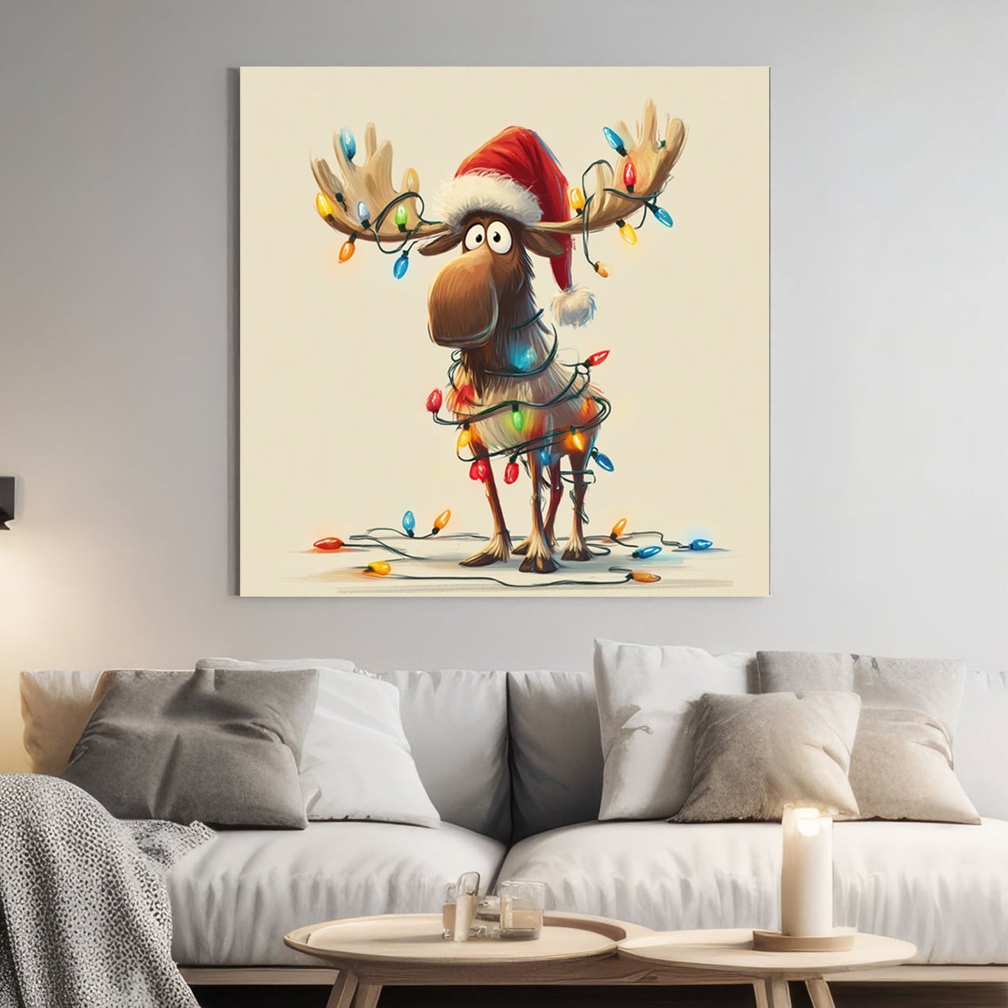 festive moose Christmas wall art with lights illustration