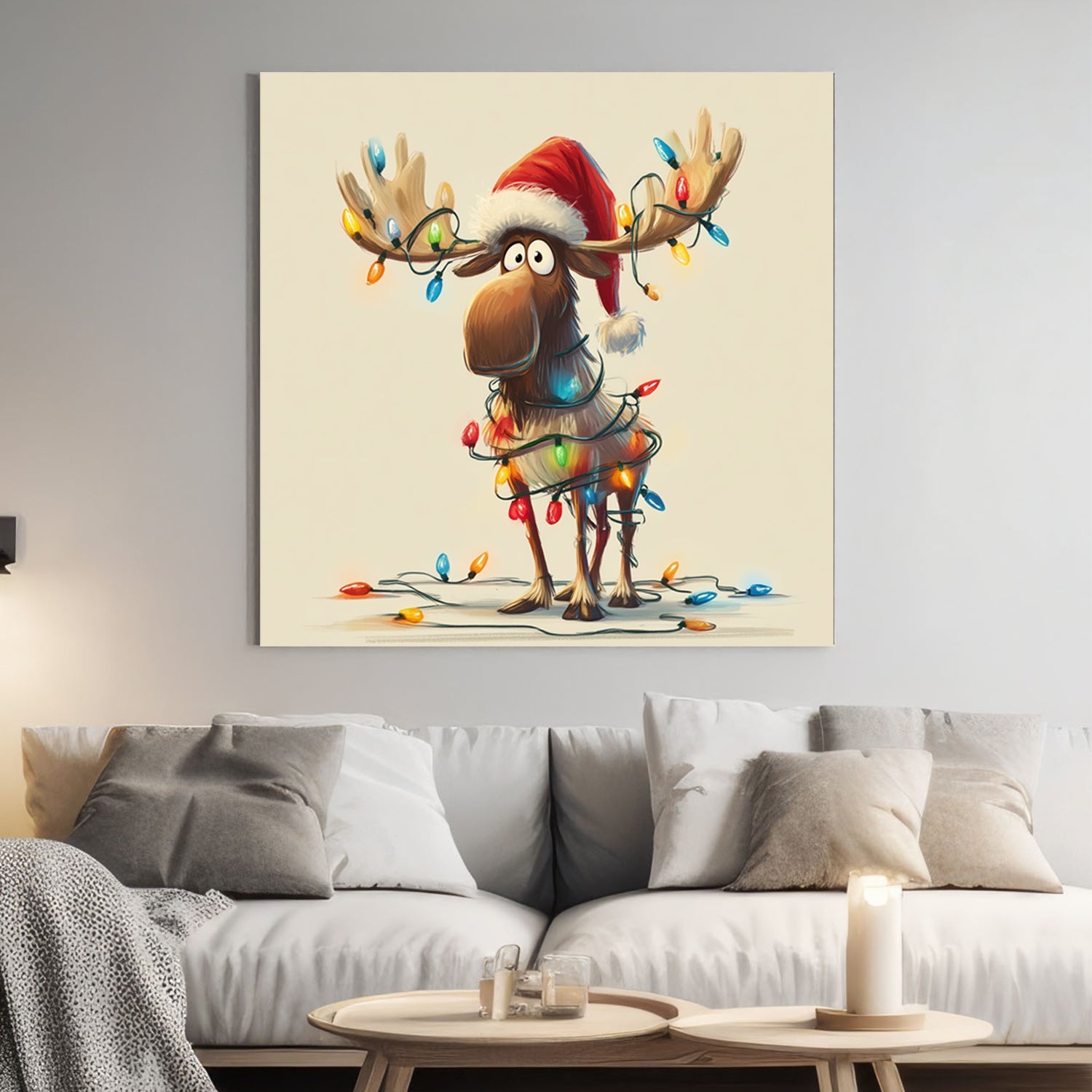festive moose Christmas wall art with lights illustration