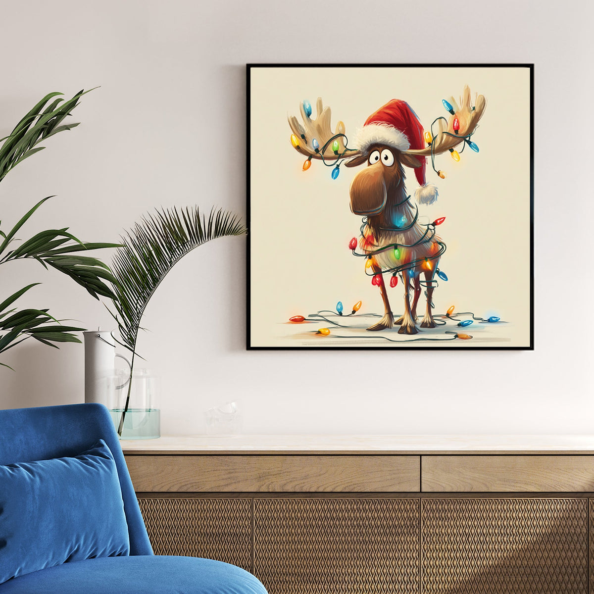 festive moose Christmas wall art with lights illustration