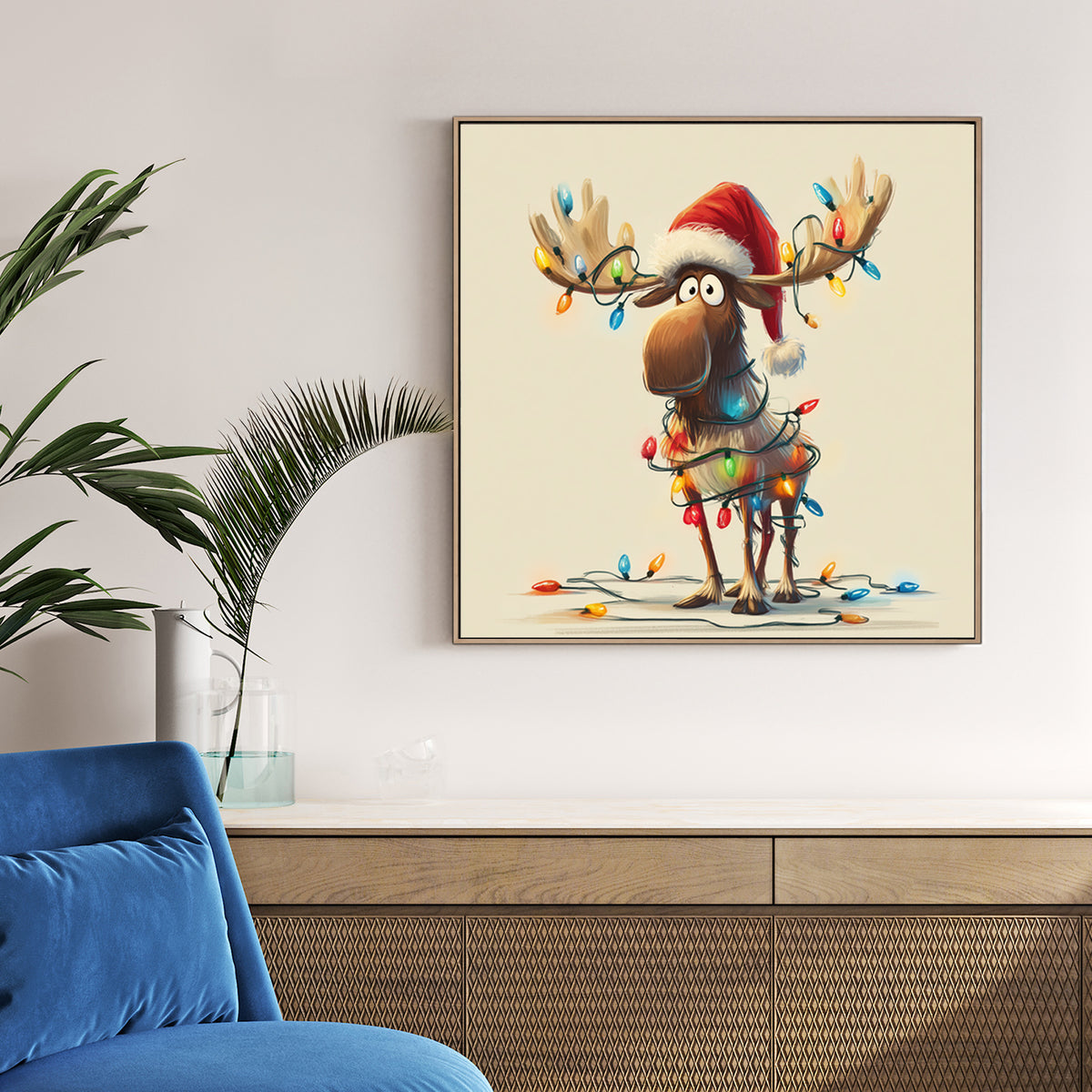 festive moose Christmas wall art with lights illustration