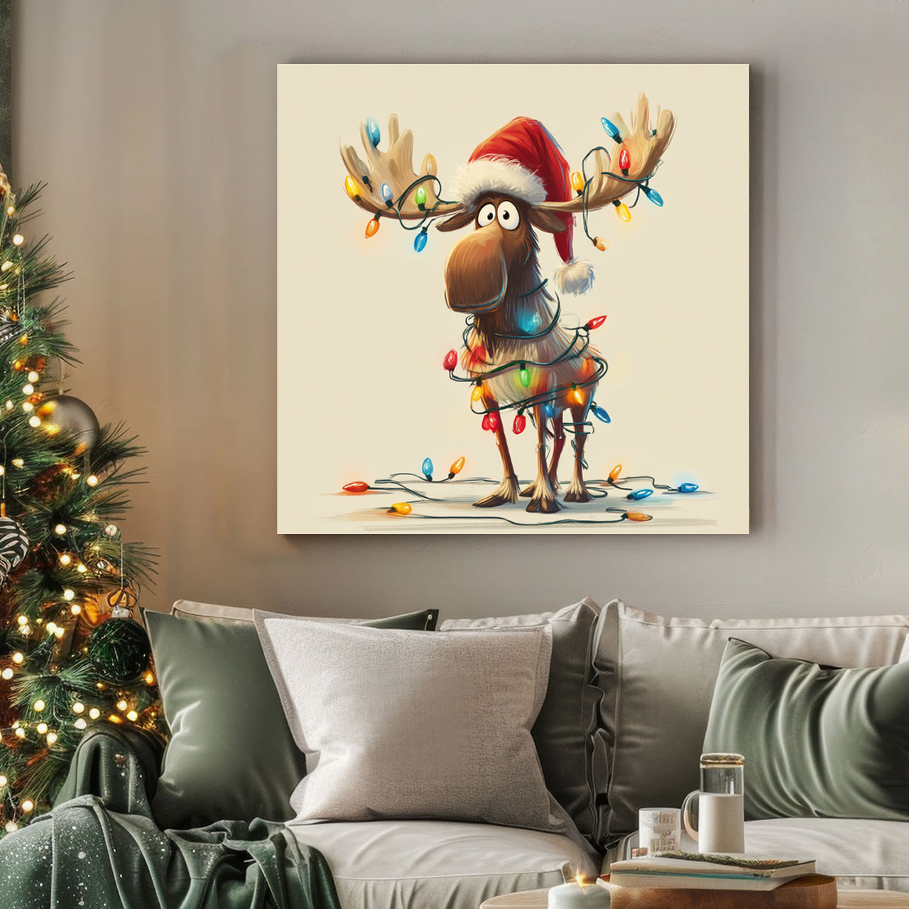 festive moose Christmas wall art with lights illustration