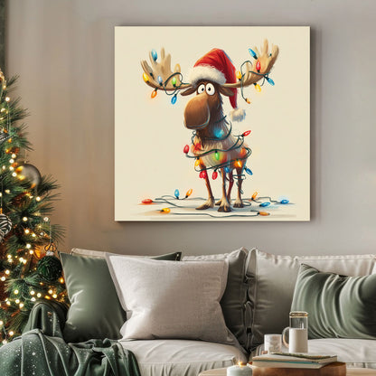 festive moose Christmas wall art with lights illustration