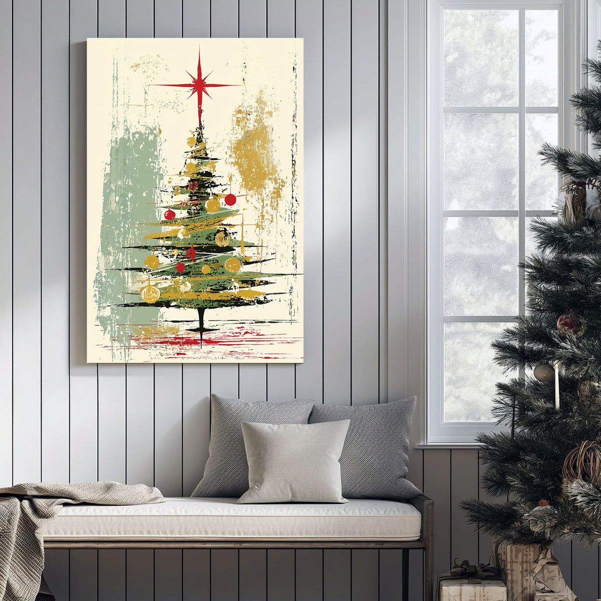 abstract Christmas tree holiday wall art with gold and red accents