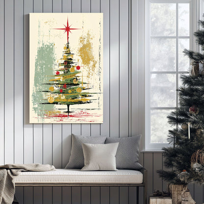 abstract Christmas tree holiday wall art with gold and red accents