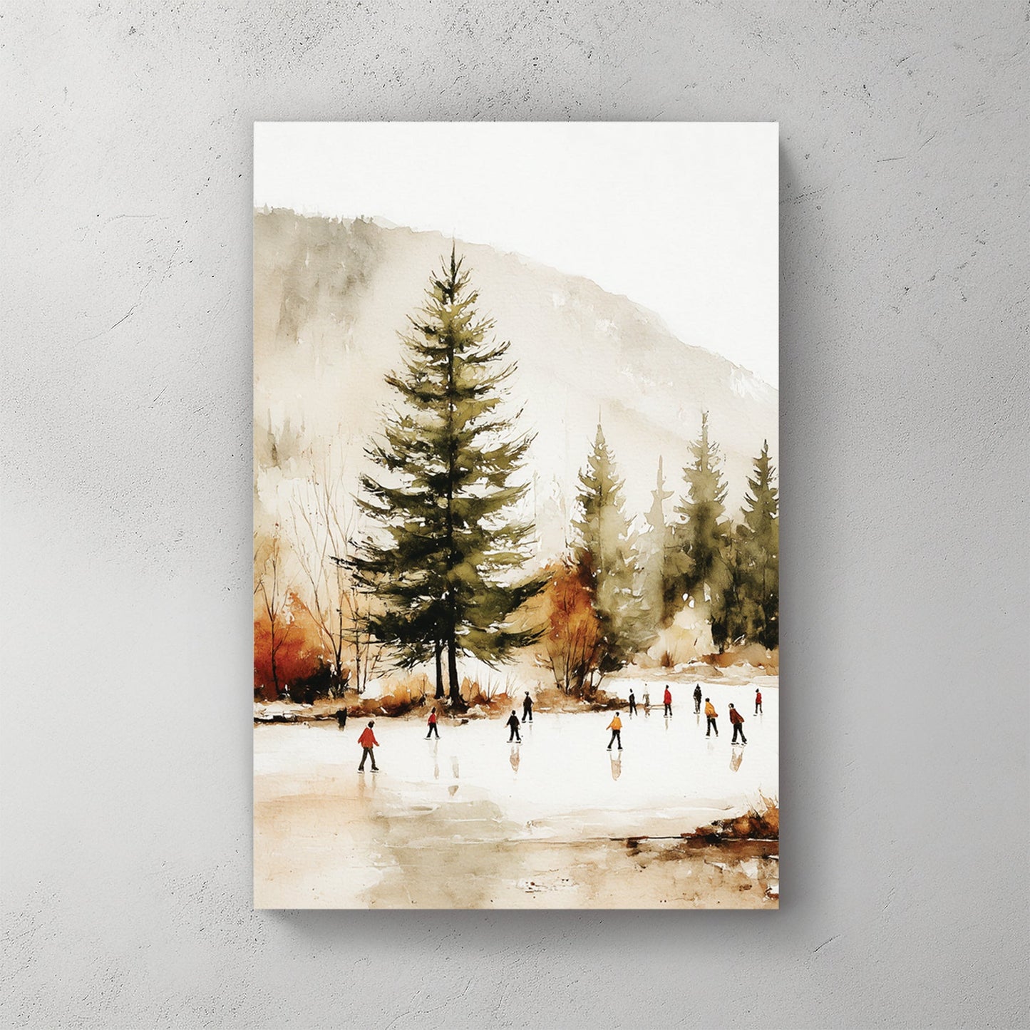 winter skaters landscape watercolor wall art print