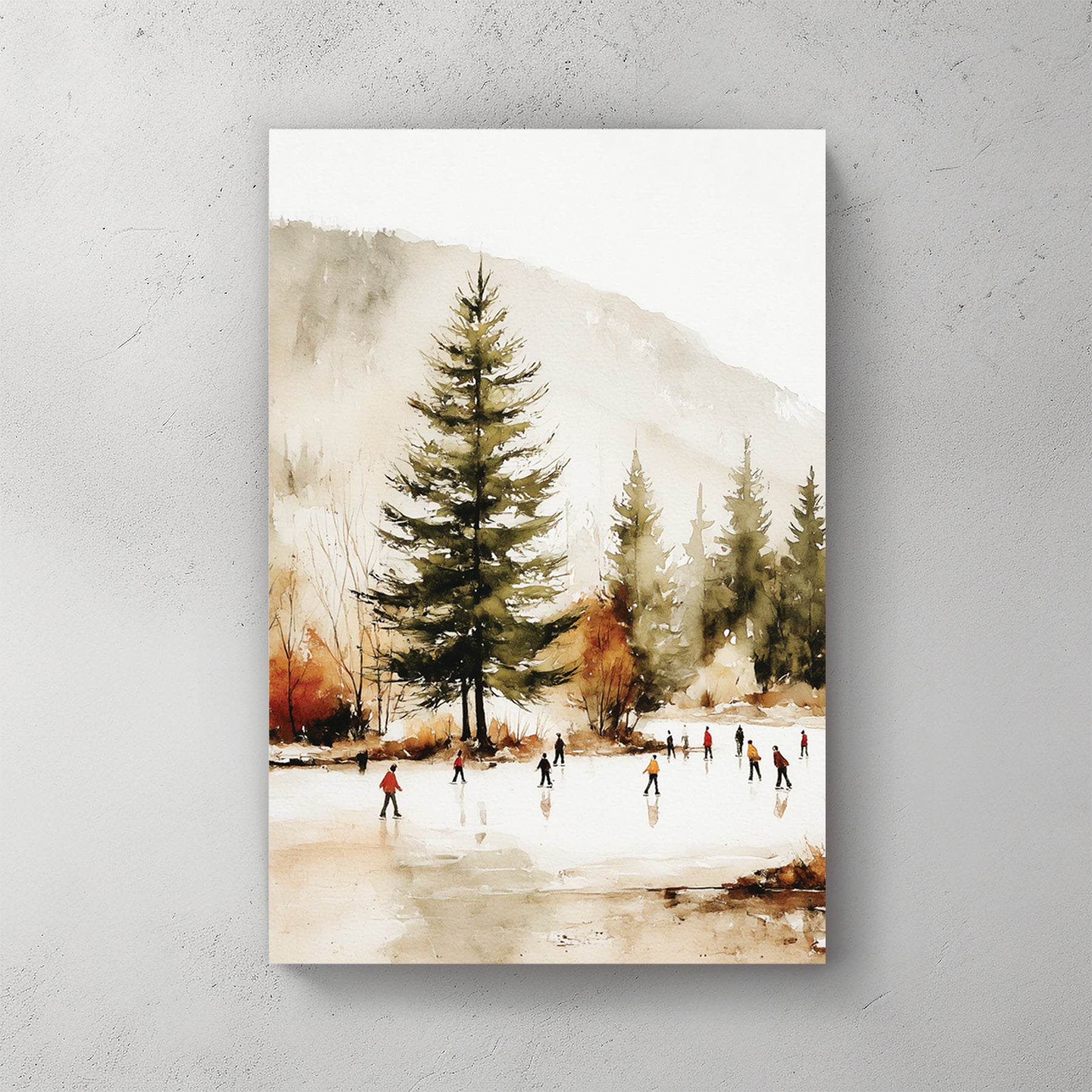 winter skaters landscape watercolor wall art print