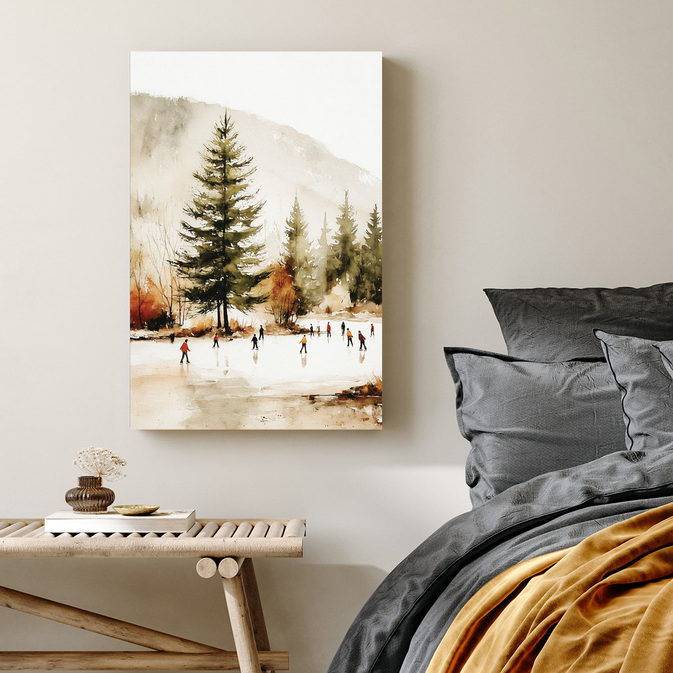 winter skaters landscape watercolor wall art print