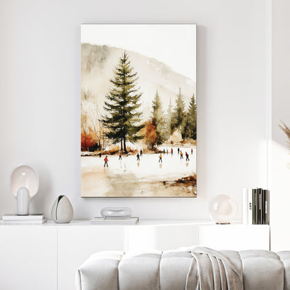 winter skaters landscape watercolor wall art print