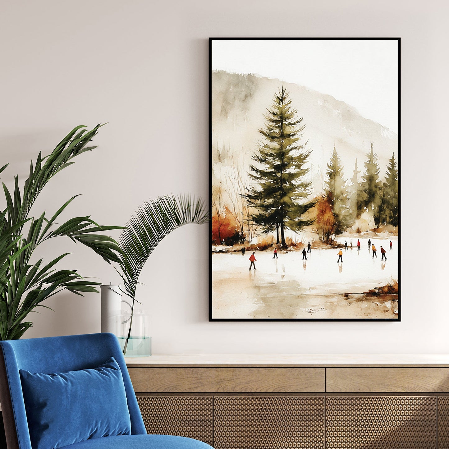 winter skaters landscape watercolor wall art print