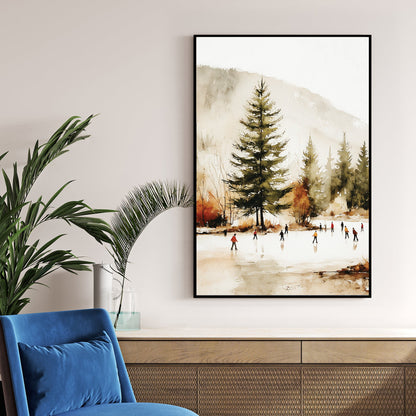 winter skaters landscape watercolor wall art print
