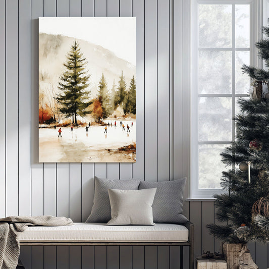 winter skaters landscape watercolor wall art print