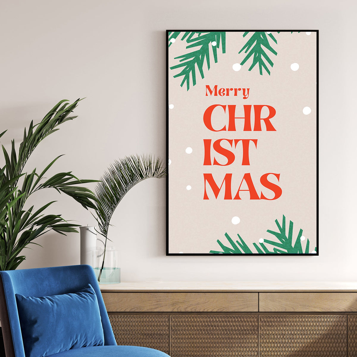 retro merry christmas typography holiday wall art print