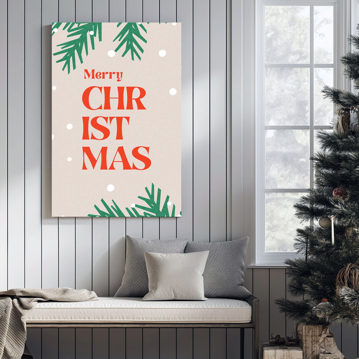 retro merry christmas typography holiday wall art print