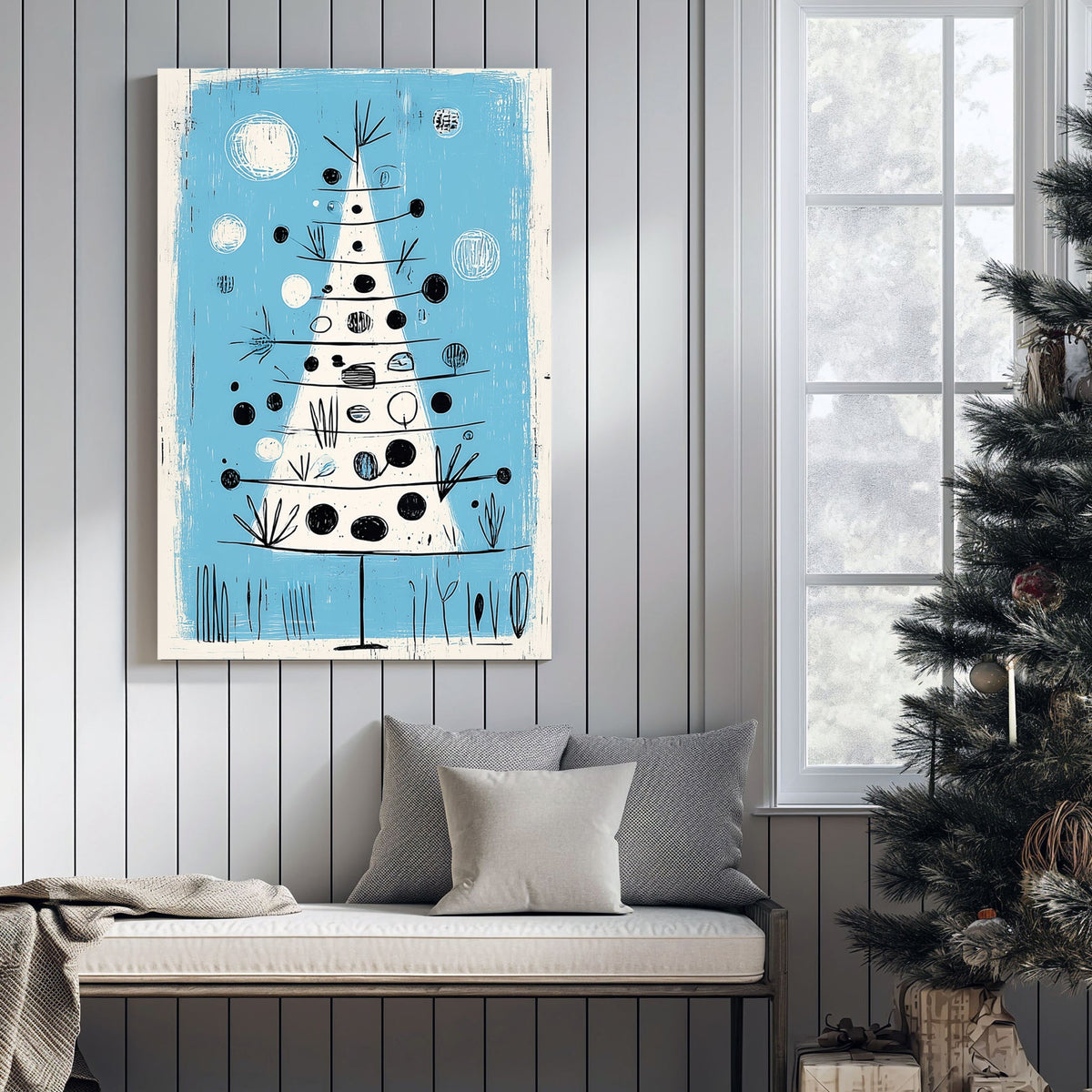mid-century modern Christmas tree wall art print