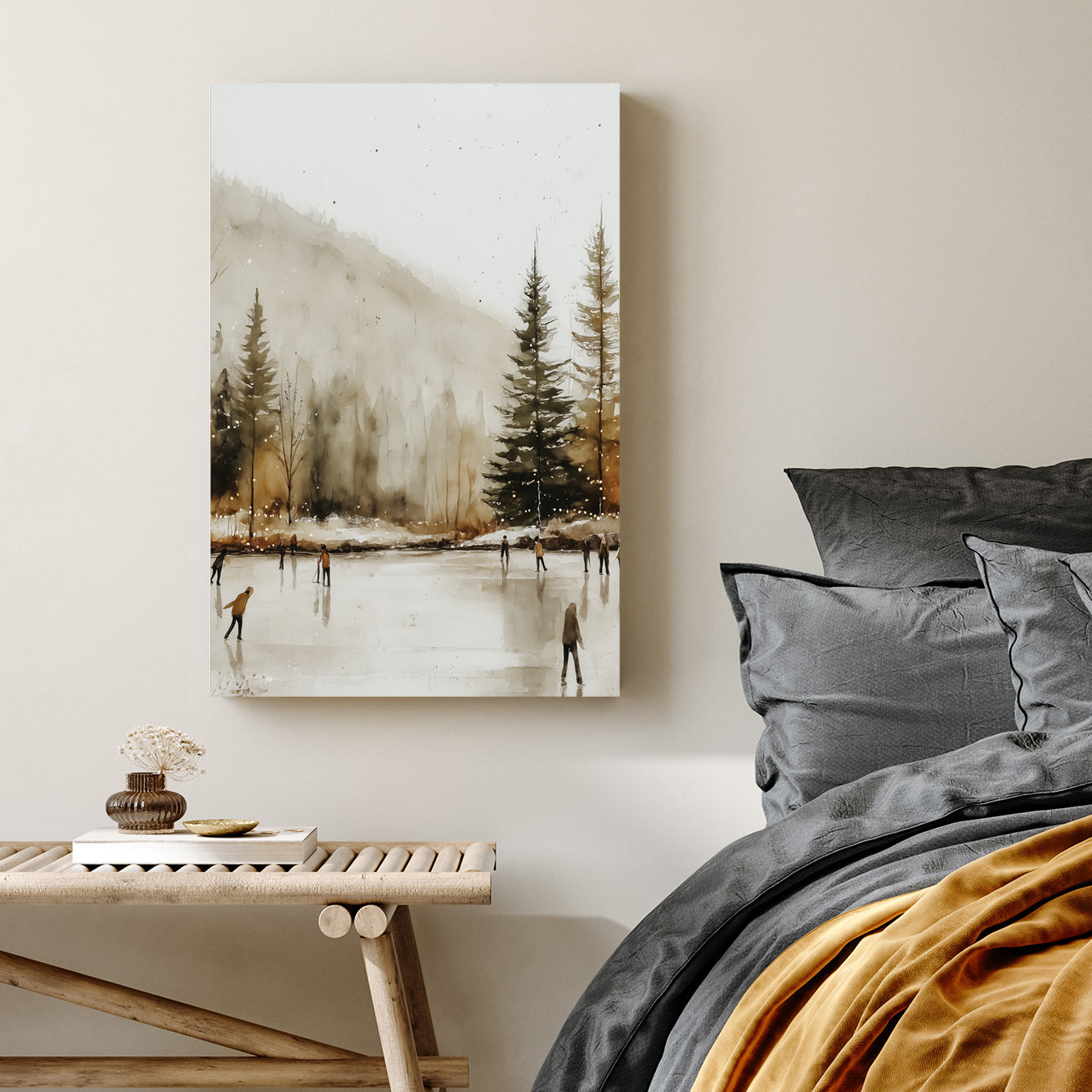serene winter skaters landscape wall art print