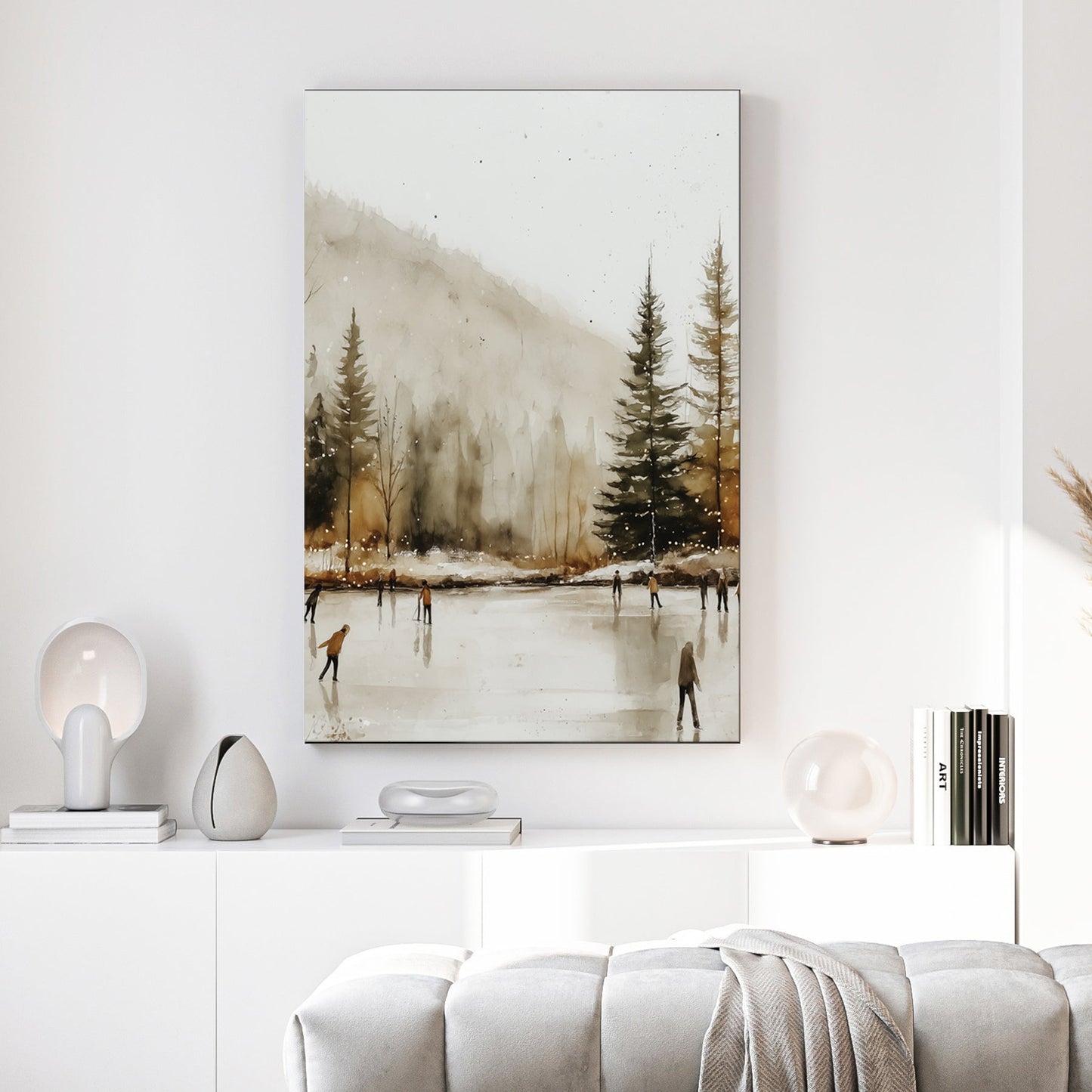 serene winter skaters landscape wall art print