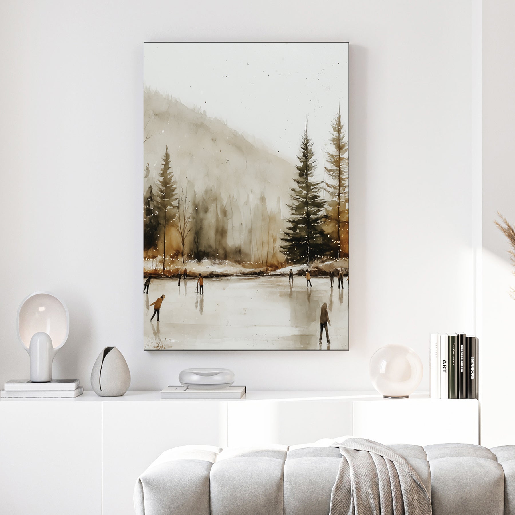 serene winter skaters landscape wall art print
